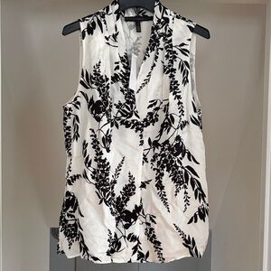 NWT White House Black Market Black and White Leaf Print Silky Blouse